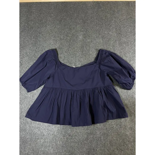 Free People Navy Blue Cotton Puff Sleeve Babydoll Blouse Top Large - Image 2