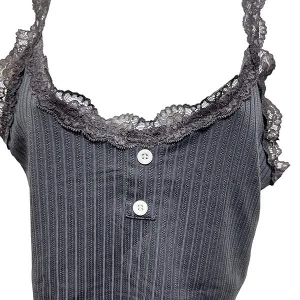 Y2K Women Coquette Grunge Ribbed Lace‎ Trim Tank S Grey Henley Fairy Crop Top - Image 3