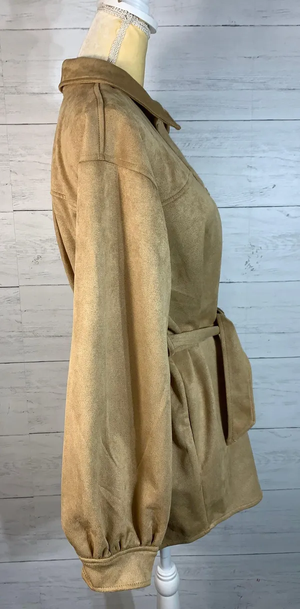 camel faux suede tie shacket size M women's - Image 7