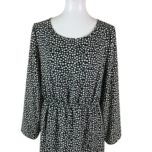 J Crew‎ Mercantile Black White Heart Print Long Sleeve Dress 14 Elastic Waist - Image 3