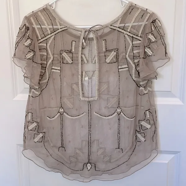 Free People Sheer Stitched/Beadeded Blouse Medium - Image 2
