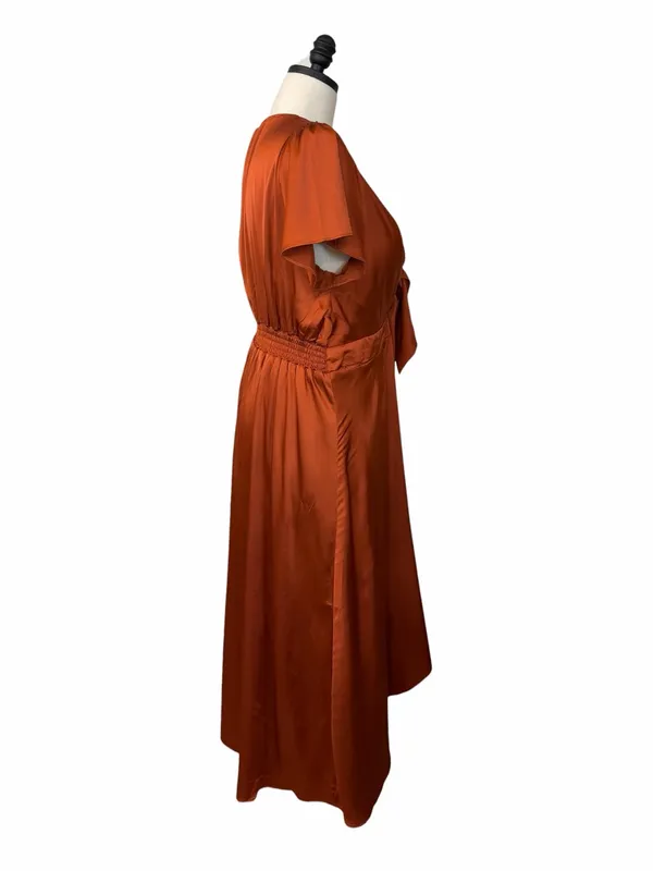 Baltic Born Poppy Satin Midi Dress Size XXL Rust Tie Front Stretch Wedding Guest - Image 4