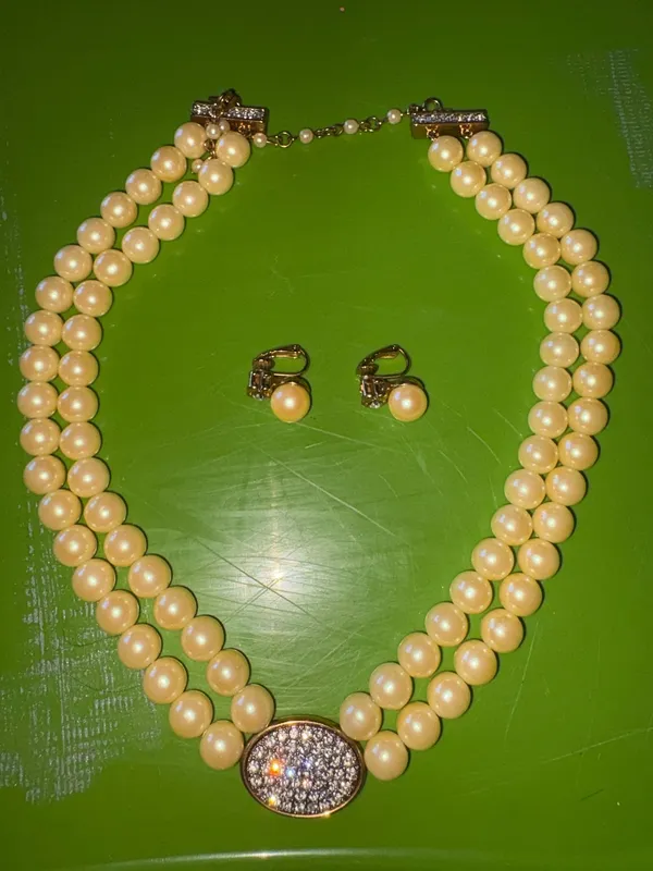 Classic Double Strand Pearl Necklace with Pavé Accent in Cream - Unbranded - Image 3