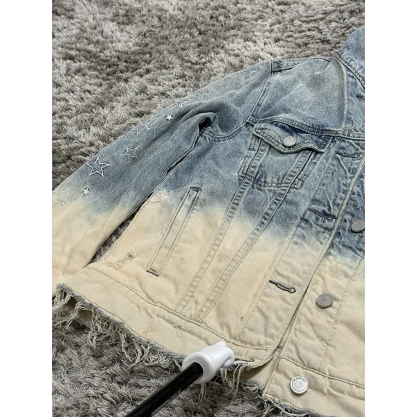 BLANKNYC Denim Jacket Ombre Dip Dye Star Embroidered Distressed Trucker Size XS - Image 7