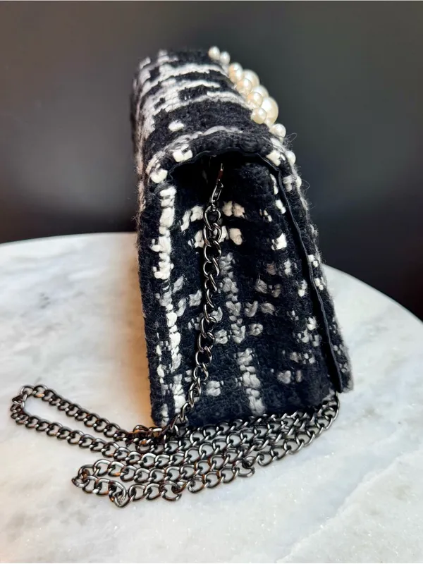 Chico's Pearl Embellished Tweed Crossbody Bag Black White Evening Clutch - Image 2