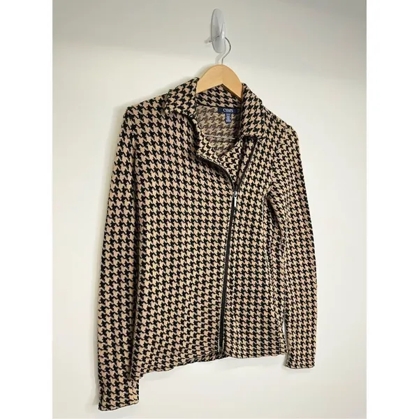 Chaps Houndstooth Knit Moto Jacket Tan Black Asymmetrical Zip Sweater Size Small - Image 5