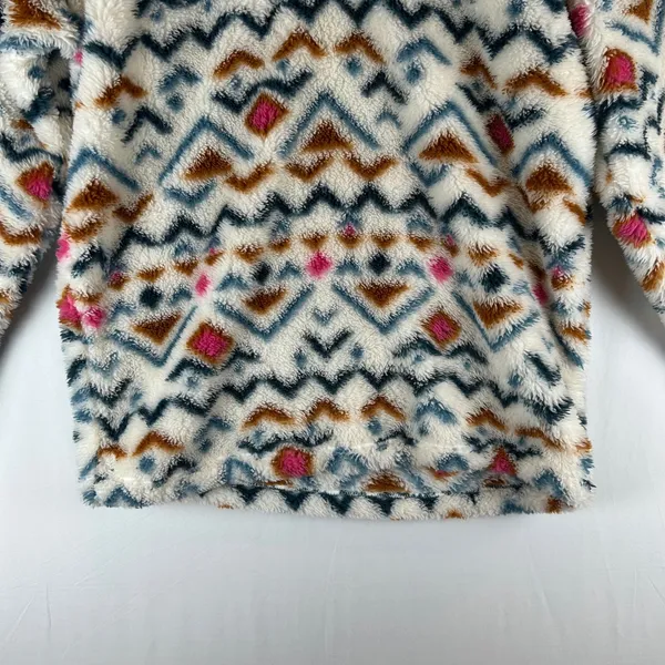 Eddie Bauer Womens Small Faux Fur Pullover‎ Aztec Print Quarter Zip Pink Trim - Image 11