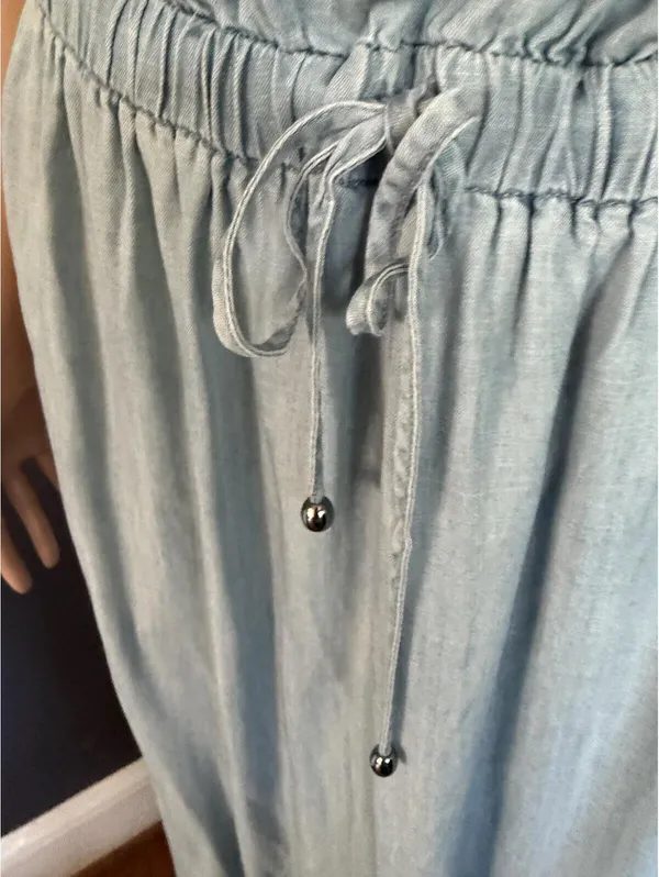 Light Blue Chambray Strapless Maxi Dress with Elastic Waist - Image 6