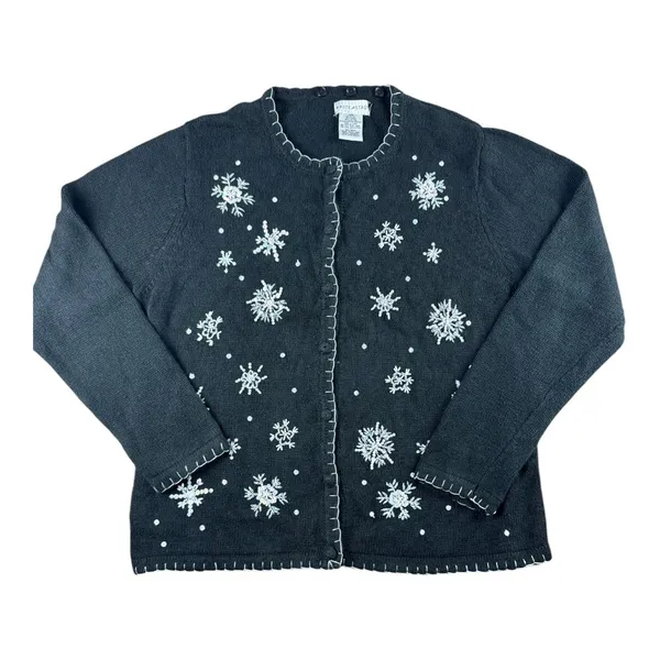 White Stag Vintage Snowflake Beaded Cardigan Sweater Black XL Scarf Christmas - Image 2