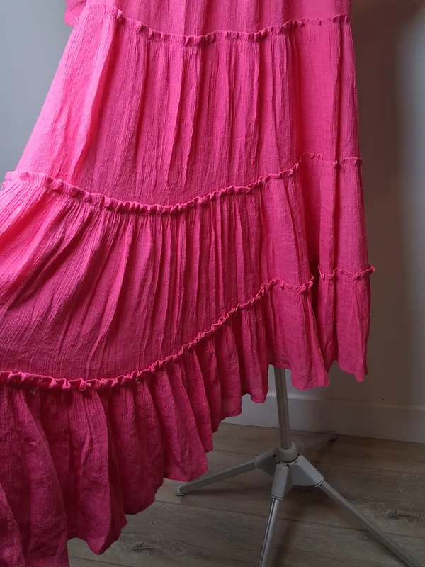 &merci Hot Pink Tiered Midi Dress w/ Short Sleeves Pockets Lined Women's Size L - Image 11