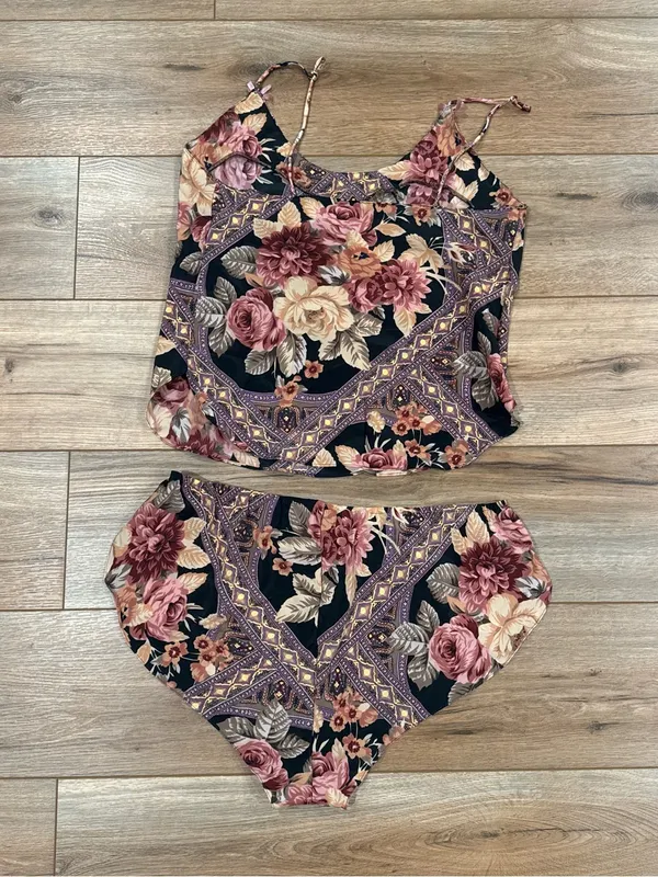 CIRCA 2000 Vintage Y2k Romantic Floral Silk Two-piece Pajama Set | Size Large - Image 3