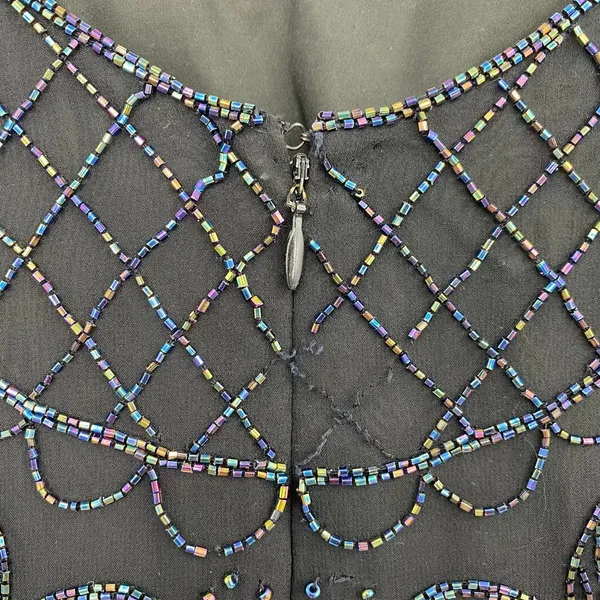 Vintage 90s Pure Silk Beaded Floral Mini Dress Flowy Cocktail Black Womens XS - Image 6