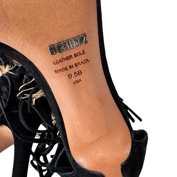 NEW Schutz Fringe Suede Stiletto Sandal Metal and Suede Fringe Black Size 9.5 - Image 15