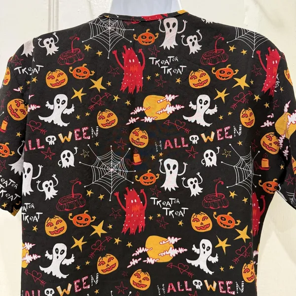 Scrub Top Womens Medium Black Halloween Ghost Pumpkin Print V Neck Tunic - Image 6