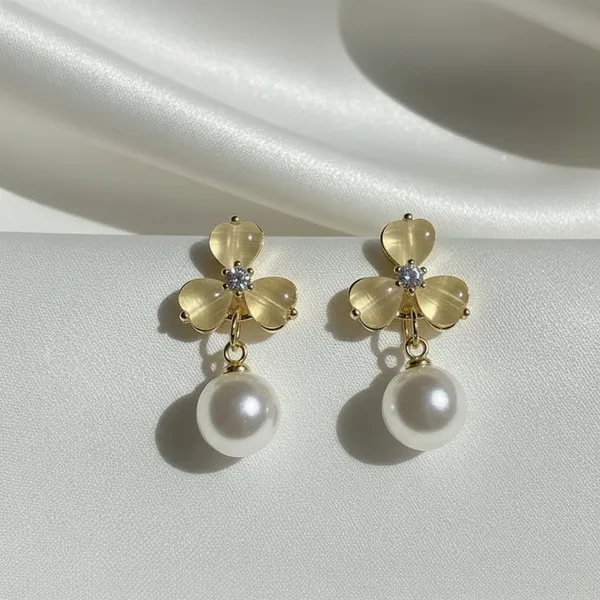 Gold Floral Pearl Drop Earrings - Image 3