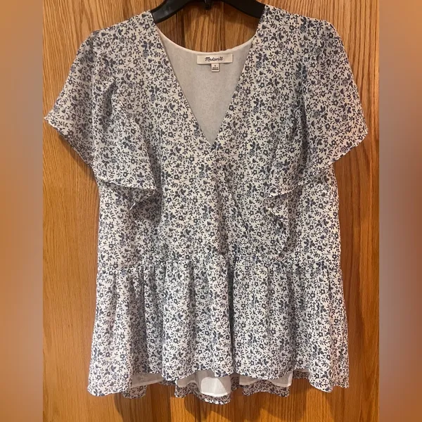 Madewell Georgette Ruffle-Sleeve Peplum Top in Americana‎ Floral Size Small - Image 4