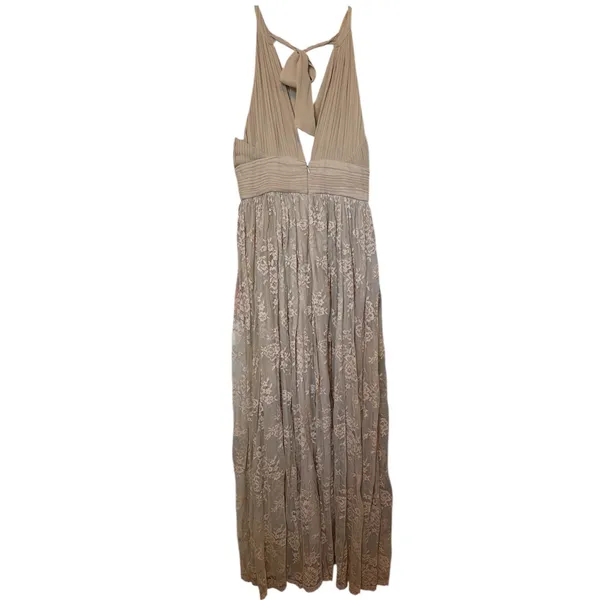 Zara Womens Champagne Floral Lace Maxi Dress Pleated V-Neck Bow Back Formal Gown - Image 3