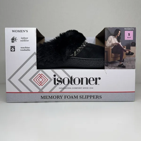 Isotoner Women’s Memory Foam Slippers Black Faux Fur Size S 6.5–7 NIB NEW In Box - Image 5