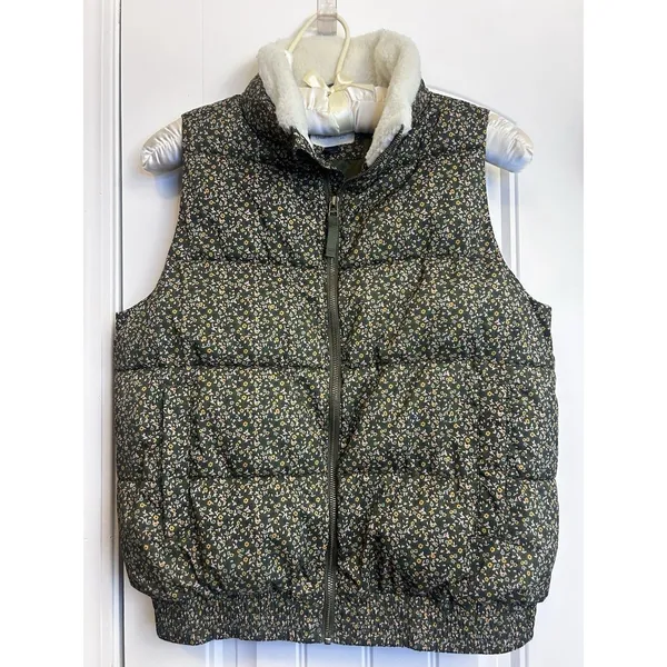 Universal Threads Women’s Green Floral Puffer Vest Sherpa Collar Full Zip Small - Image 15
