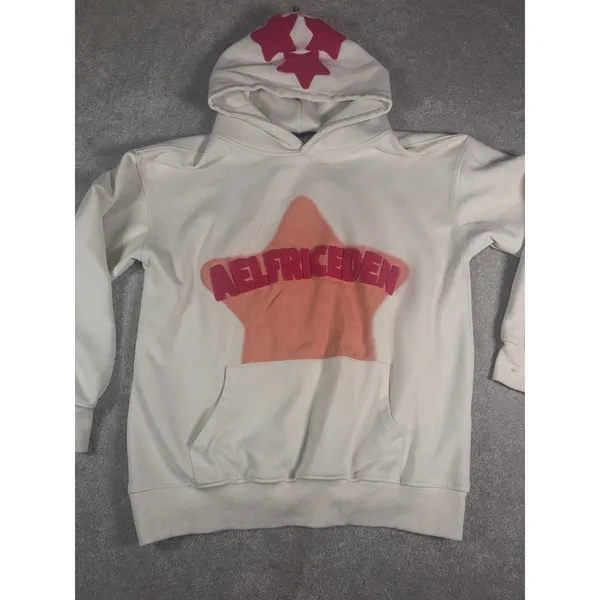 Aelfric Eden Women's Small Star Graphic Pullover Hoodie Cream Pink Chenille Y2K* - Image 3