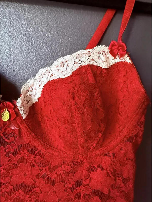 Red Lace Lingerie Dress with White Trim and Adjustable Straps - Image 4