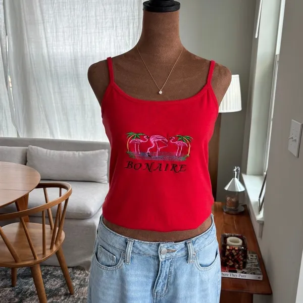 90s Vintage‎ Island Expressions Bonaire Red Tank Top Embroidered Cami Y2K XXL - Image 4