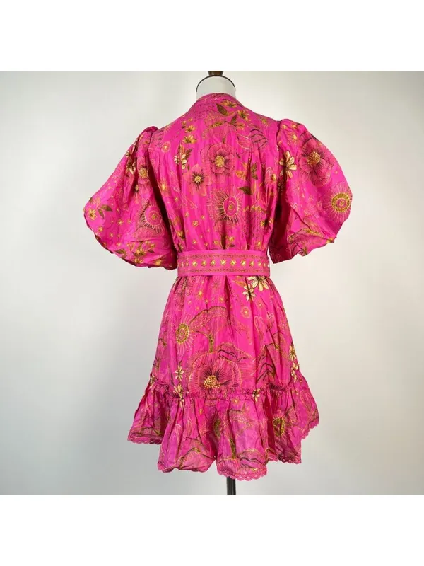 NWT Farm Rio x Anthropologie Beaded Belt Puff Sleeve Pink Mini Dress Sz SP - Image 8