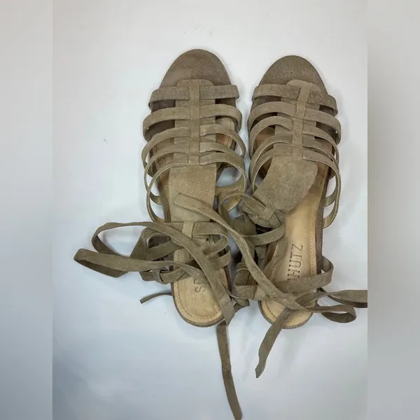 Schutz Sandals Tan Lace Up Block Heel Melancy Strappy Size‎ 7.5 - Image 4