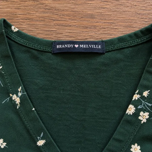Brandy Melville Dark Green Floral Amara V-Neck Crop Top - Image 4