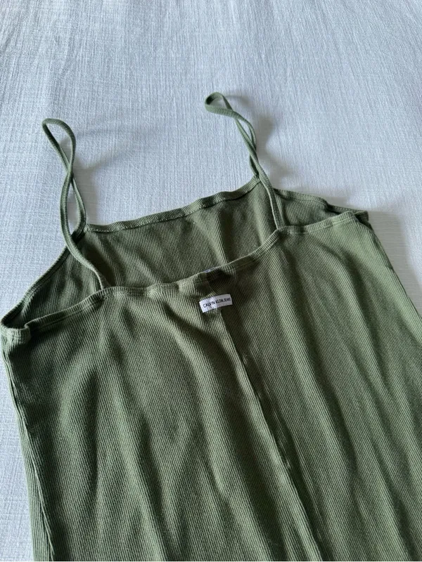 Calvin Klein Olive Green Midi Ribbed Cotton Slip Dress - S/M - Image 5