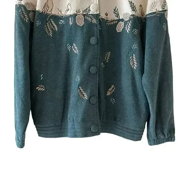 Vintage Teddi Cabin Fever Women's Fleece Novelty Print Teal Embroidered Birds M - Image 4