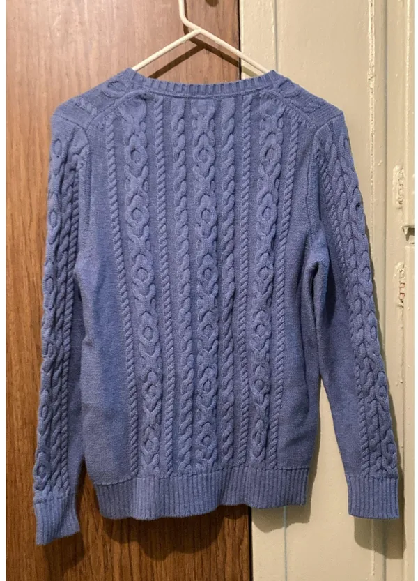 LL Bean Large Cable Knit Fisherman Sweater 100% Cotton Sky Blue Pullover - Image 2