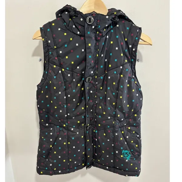 Burton Dryride‎ Puffer Vest Womens Medium Black Multicolor Square Print Hooded - Image 2