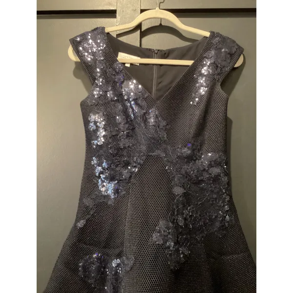 rickie freeman teri jon a line navy sleeveless floral sequin Mini dress 2 - Image 4