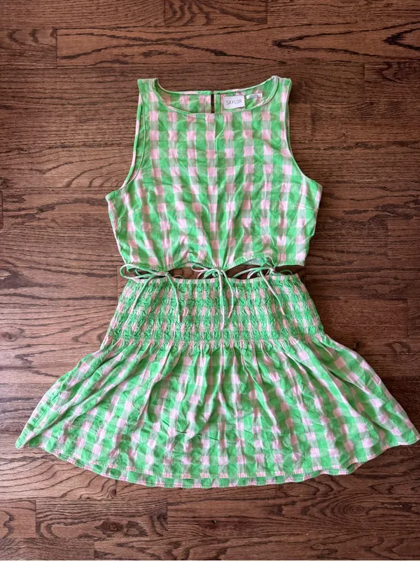 Anthropologie Saylor Emmie Mini Dress Green Light Pink Gingham L Cottage Preppy - Image 2