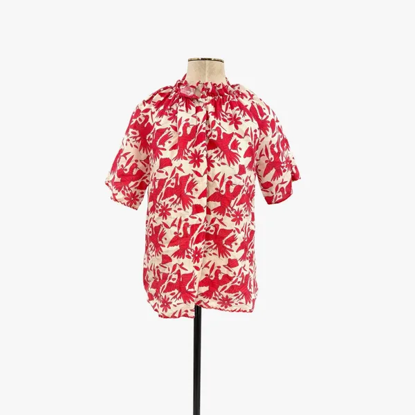 Nimo With Love Linen Bird Print Ruffle Neck Blouse‎ Red Cream Size XS - Image 2