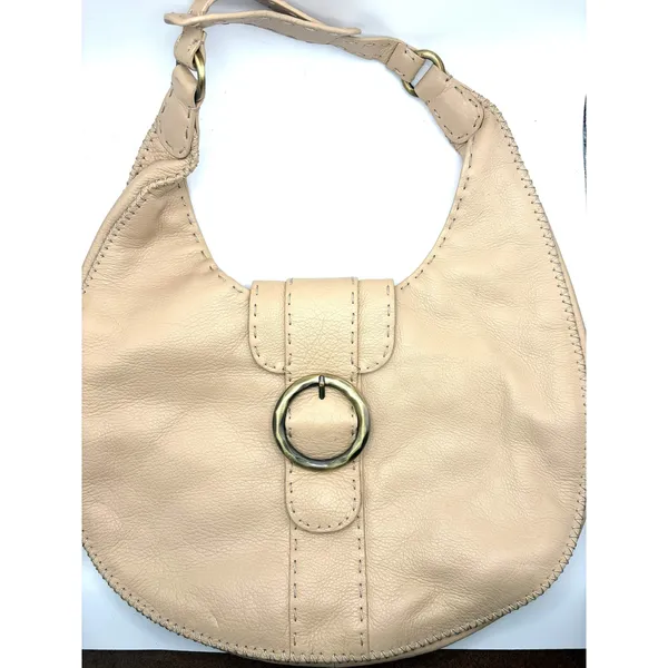 Donald J Pliner Beige Pebbled Leather Whipstitch Hobo Shoulder Bag Brass Ring - Image 2