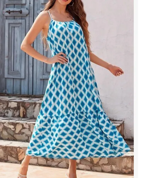 NEW Spaghetti Strap Scoop Neck Smocked Ruffle Flowy Maxi Dress S - Image 6