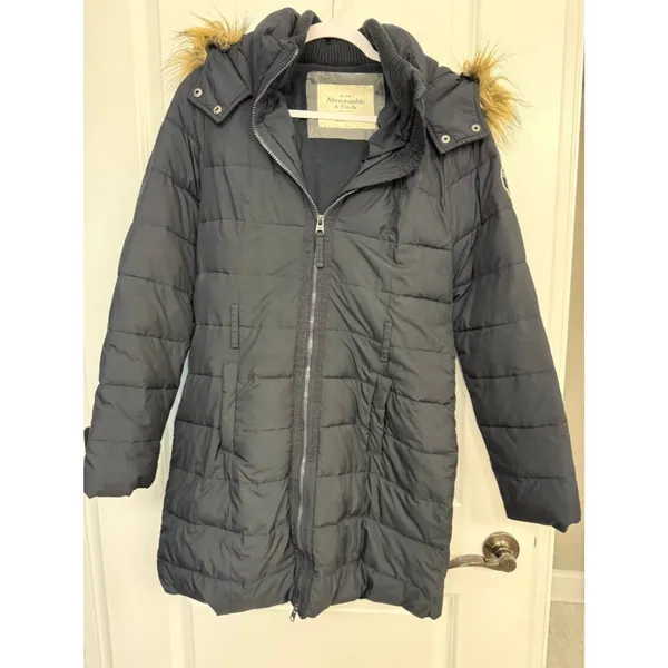 Abercrombie & Fitch Black Long Puffer Coat Faux Fur Hood M - Image 3