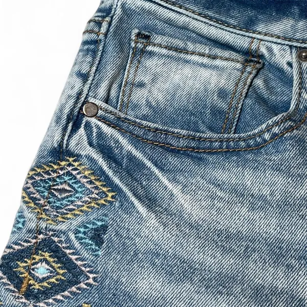Driftwood Gizelle Straight Leg Blue Jeans Raw Hem Mid-rise Embroidered Size 28 - Image 6