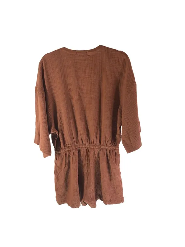 Z Supply Romper Crinkle Gauze Cotton Pockets Drawstring Waist Brown L - Image 2
