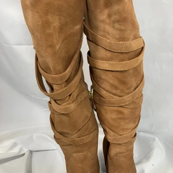 Sam Edelman Tan Suede OTK Boots 7 Leather‎ Heel Wrap Strap Tall Zip Buckle - Image 10