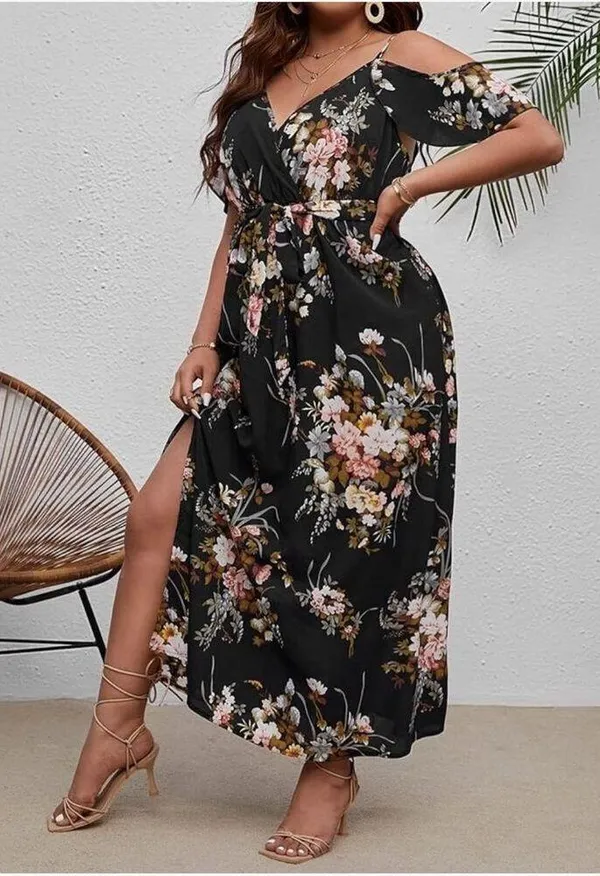 NEW Floral Cold Shoulder Short Sleeve Wrap Hem A Line Midi Dress 2X - Image 5