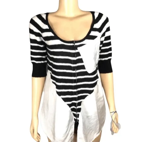 Free People‎ Knit Blouse Black White Striped Tie Front Boho Casual Size XS - Image 2
