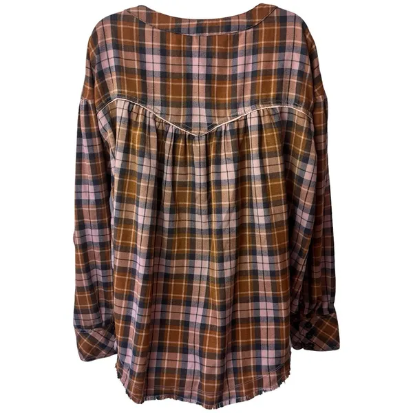 Free People‎ Cozy Dream Flannel Buttondown Oversized Raw Hem Feminine Outdoors L - Image 5