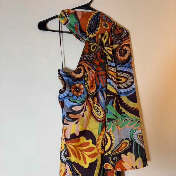 Zara Paisley Floral Print One Shoulder‎ Midi Dress Asymmetric Party Size XS - Image 5
