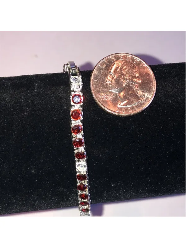 Elegant Reddish Orange Rhinestones and Silver Tone Tennis Bracelet - Image 4