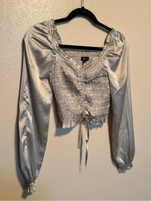 Japna Satin Smocked Ruched Long Sleeve Crop Top XS Pale Sage Gray - Image 4