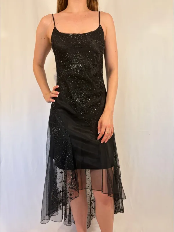 Sparkly Black Open Back Tie Overlay High Low Y2k Dress - Image 3