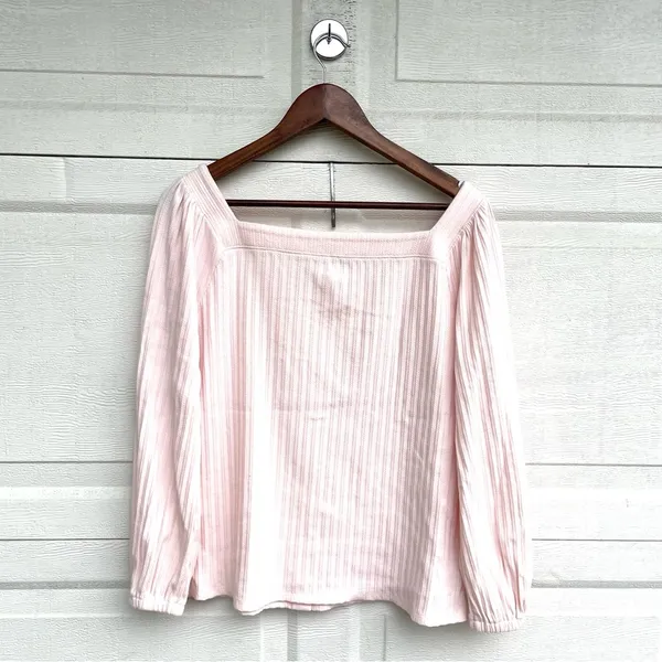 Loft Womens Shirt Pastel Pink Ribbed Square Neck Milkmaid Button Up Size Medium - Image 3